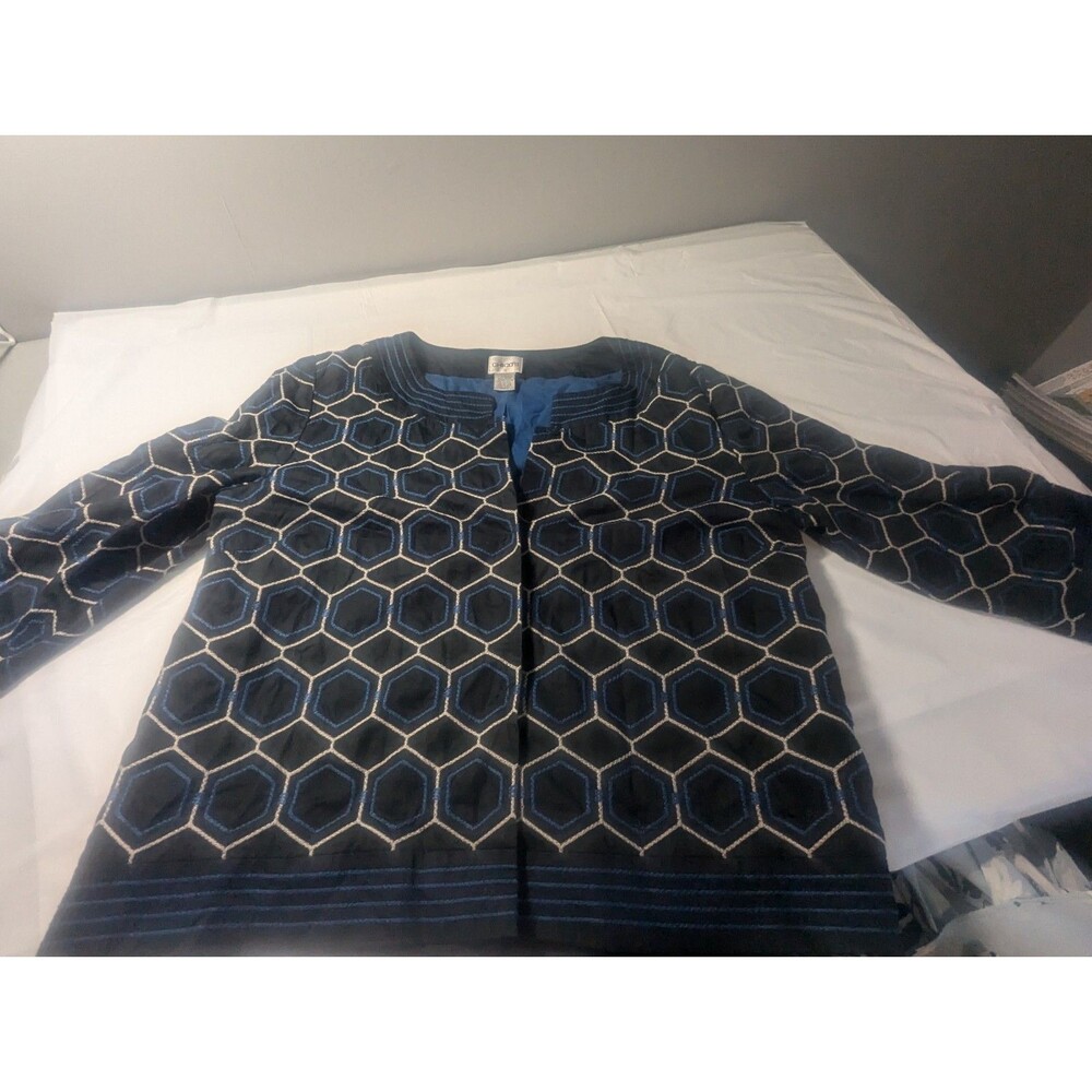 Chico's Women's Size 2 Blazer Sweater Blue Geometric 3/4 Sleeve Cotton